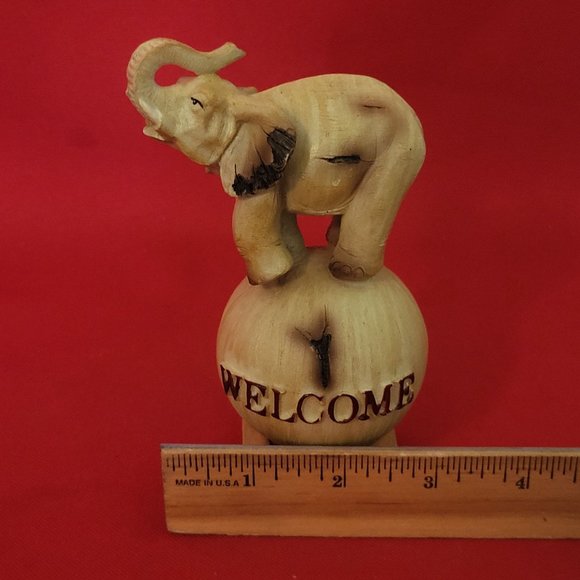 VTG Wooden Welcome Elephant  Raised Trunk Standing on a Ball Figurine Home Decor - Picture 10 of 14